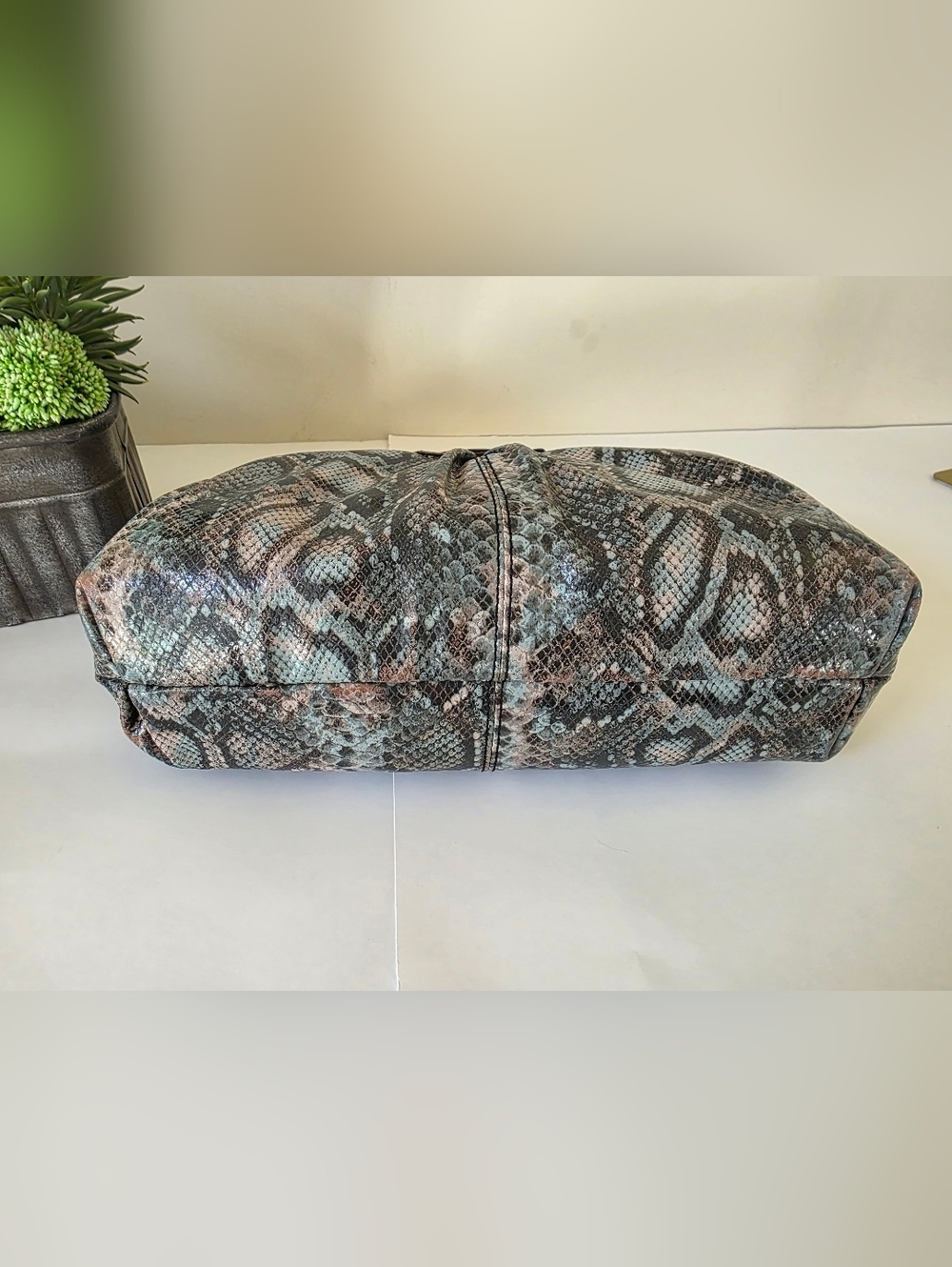 Aimee Kestenberg Snakeskin Embossed Leather Hobo Bag Gray Black Pale Blue - Picture 9 of 16